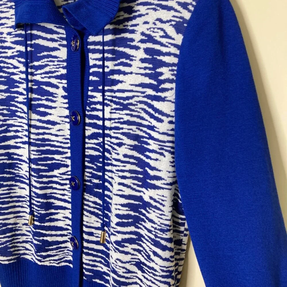 St. John Cardigan Womens Blue White Santana Knit Sweater Small Wool Blend - Picture 4 of 10